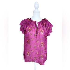 Ulla Johnson Magenta Silk Blend Ruffle Sleeve Blouse Size 8 Metallic Floral